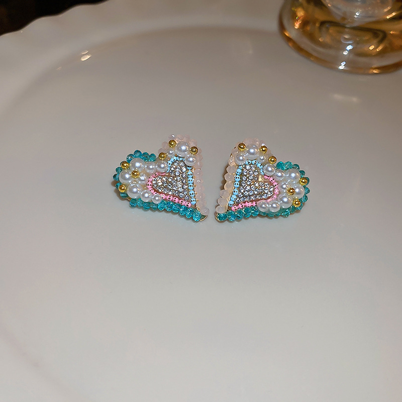 Cute Heart Shape Copper Plating Rhinestones Earrings 1 Pair