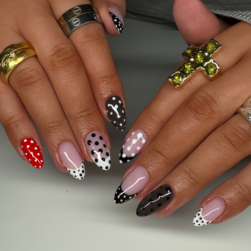 Cross-Border Hot-Selling Water Drop Nails Simple White French Black Polka Dot Wearable Nails Red Polka Dot Fake Nails Cross-Border Hot-Selling Water Drop Nails Simple White French Black Polka Dot Wearable Nails Red Polka Dot Fake Nails