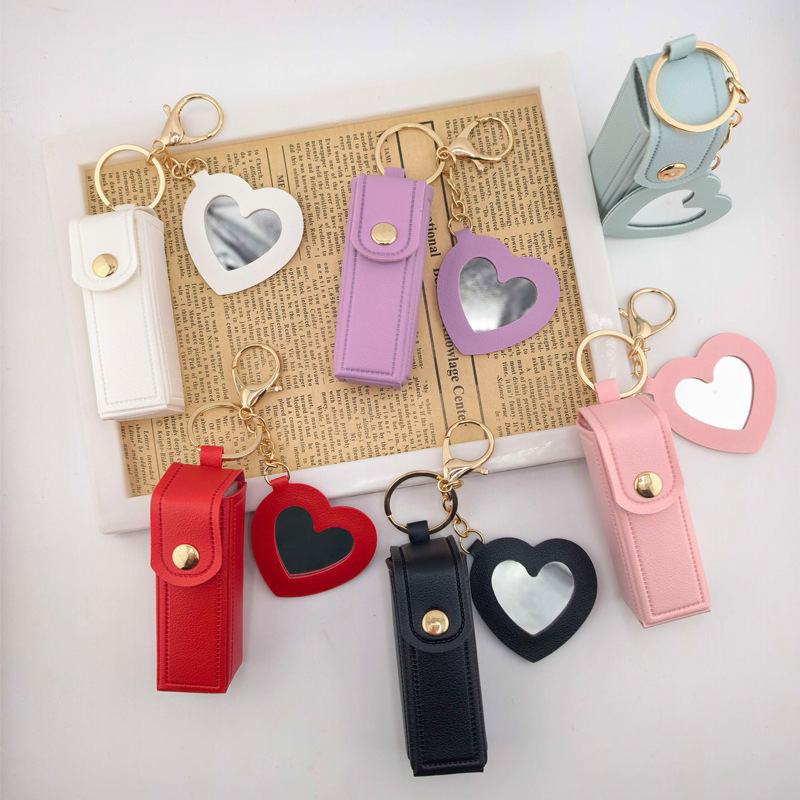 Cross-Border Hot-Selling High-End Lipstick Bag Pendant Portable Makeup Mirror Bag Charm for Girls Portable Leather Keychain