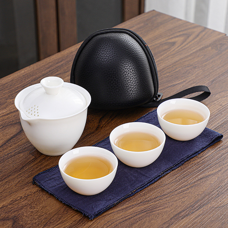 白瓷羊脂玉蓋碗便攜式快客杯旅行功夫茶具套裝一壺三杯戶外隨身