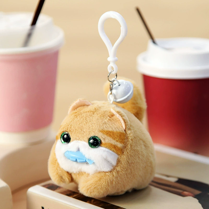 Plush Keychain Doll, Cute Kitty/Rabbit/Panda on Lanyard with Bell, 6.7×6.2×8.2 cm