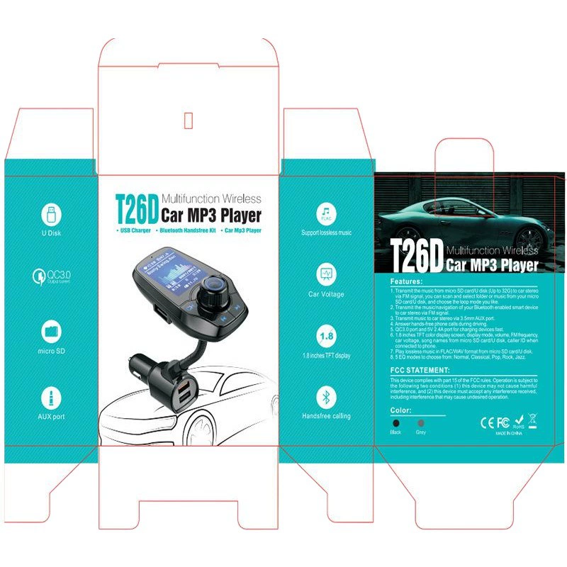 Большой экран автомобиля Bluetooth громкой связи телефон передатчик AUX автомобиль MP3-плеер Smart Fast Charge 3,0 зарядное устройство