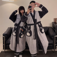 新款冬季浴袍情侣睡衣卡通龙猫家居服V领和服带裤子两件套加肥4XL