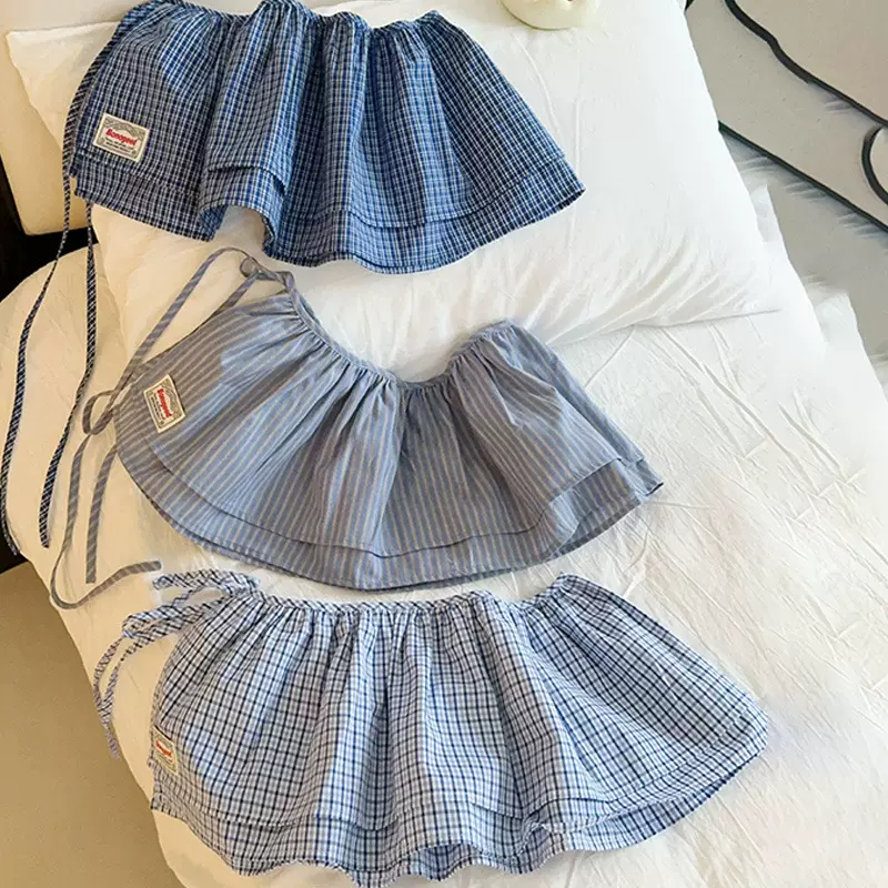 格子屁帘女2025春季新款系带蓝色半身裙子韩系复古百搭一片式装饰