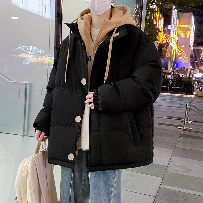 (2개) 코튼 패딩 재킷 남자의 겨울 새로운 가짜 2 피스면 패딩 재킷 잘 생긴 올 매치면 패딩 재킷 후드 따뜻한 빵 세트 어린 학생들을위한