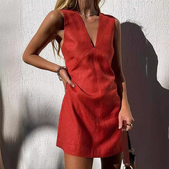 2024 European and American Style V-neck Cotton Linen Sleeveless Dress Women's Summer Basic Solid Color Slim-fit Vest Skirt