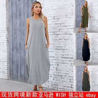 现货夏季新款时尚现货外贸独立站欧美女装休闲圆领背心口袋连衣裙