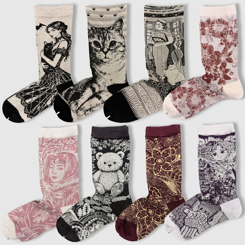 Luby cat mid-calf socks for women, spring/summer thin style, French retro oil painting artistic breathable mulberry silk, trendy and unique