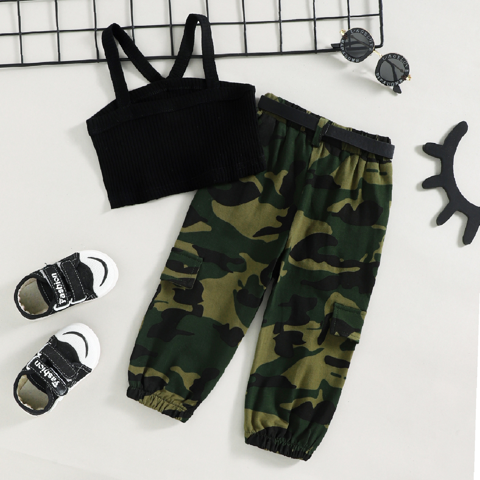 184g Weight Sleeveless Sleeve Length Cotton Fabric Type Pants Sets Sets Type 2 Piece Set Quantity Fashion Camouflage Cotton Girls Clothing Sets