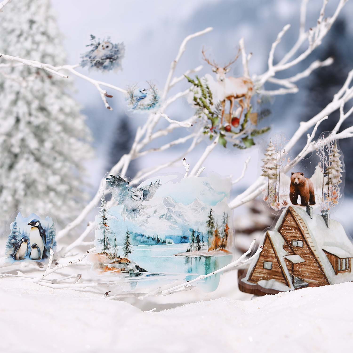 Un día hermoso, cinta, serie Snow Country Forest, collage de paisajismo del bosque de invierno, cinta de material de base de cuentas a mano