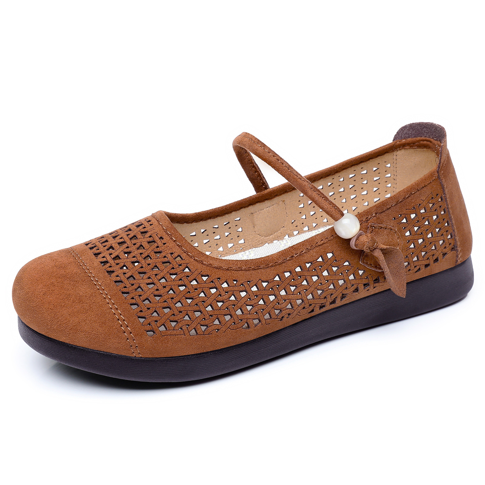 Redonda cabeza Mary Jane zapatos de piel de cordero plano zapatos de mujer de verano nuevos zapatos agujeros huecos con tacones bajos
