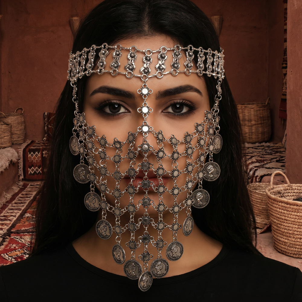 Vintage silver coin tassel full-face chain, Middle Eastern exotic metal mesh mask, belly dance performance accessory