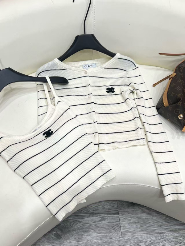 南油高品质小香家经典两色条纹显瘦百搭针织开衫+背心两件套针织|undefined