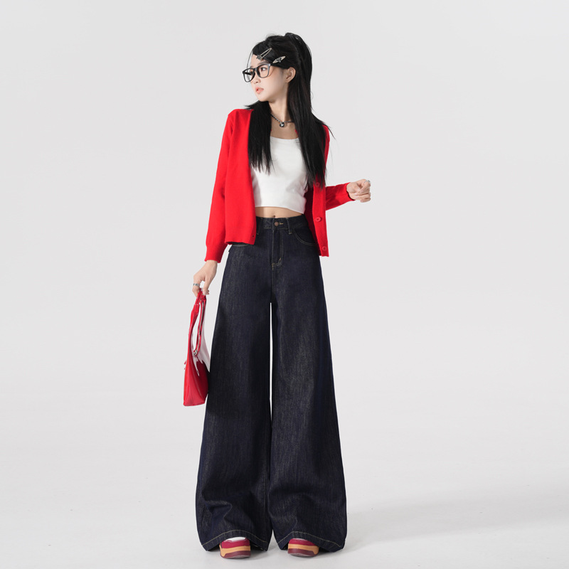 높은 허리 넓은 다리 청바지 여성의 가을과 겨울 새로운 느슨한 올매치 스트레이트 매달려 캐주얼 바지