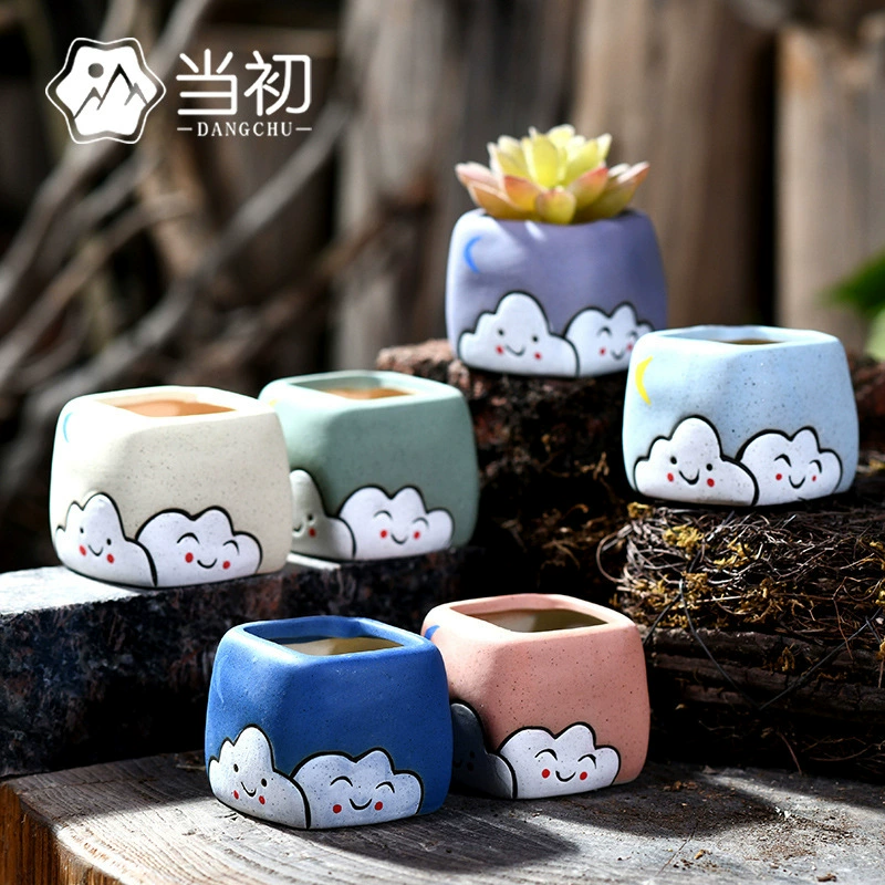 Простой керамический цветочный горшок для суккулентов в Корейском стиле с ручной росписью из керамики дышащий керамогранит с ручной росписью зеленое растение облачно милый цветочный горшок
