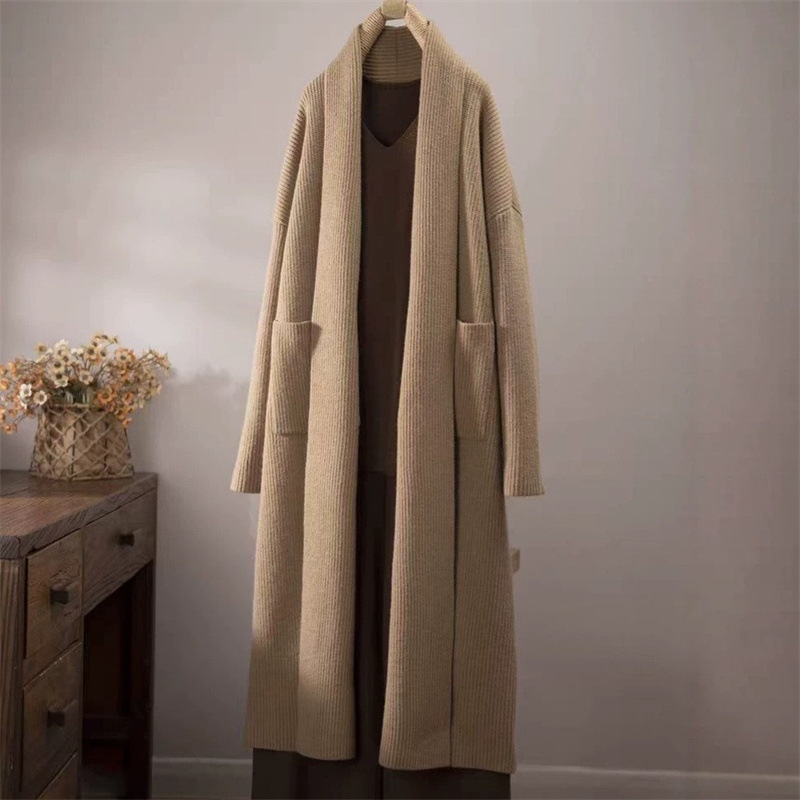 2026 Autumn/Winter New Cross-Border Thickened Long Knitted Cardigan Coat for Women, Loose Knitted Top, V-Neck Wool Coat