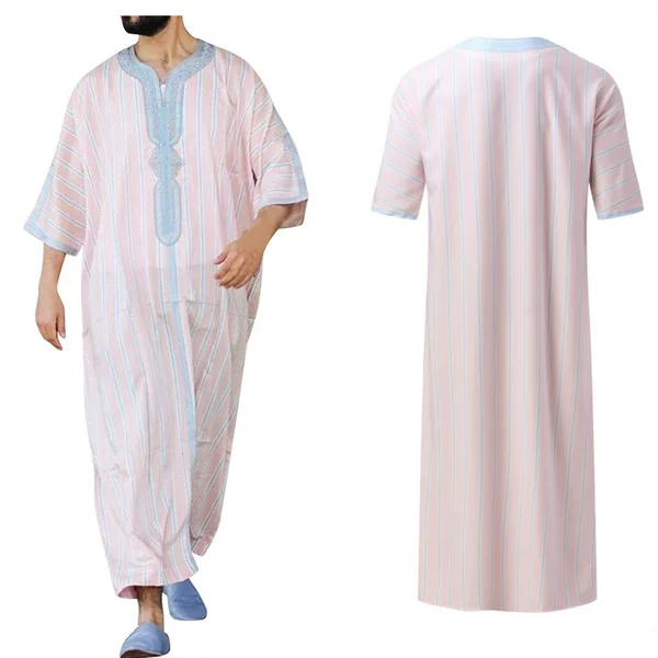 2026 New Model Solid Color Mid-Sleeve 3D Digital Print Ethnic Style Pink Men's Robe with Single-Sided Texture