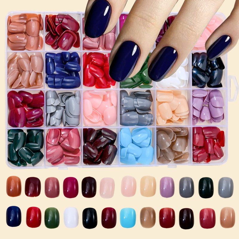 Cross-Border 24-Grid 576-Piece Colorful Wearable Nail Collection, Simple Solid Color Glossy Matte Detachable Fake Nail Tips