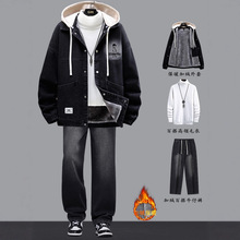 青少年冬季新款加绒牛仔夹克一套搭配加厚外套男学生潮流帅气套装