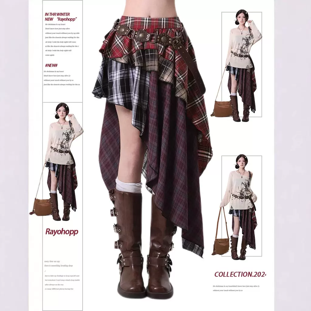 复古不规则格子半身裙女春夏亚比甜酷辣妹高腰显瘦运动风百褶短裙