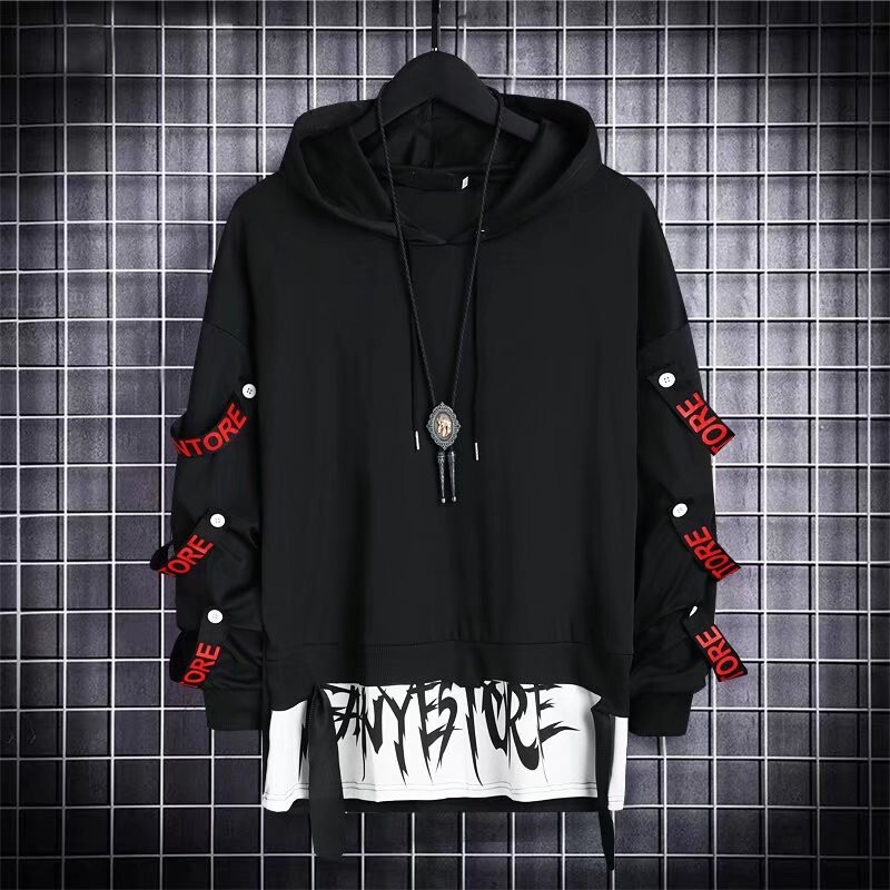 Spring Fashion Dark Black Ribbon Zipper Decoration Men's Hooded Sweatshirt Harajuku Style Loose Jacket