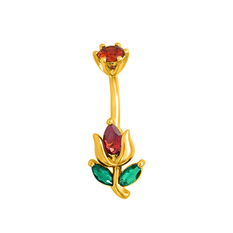 Belly Button Ring Red Flower Wing With Zircon And Stainless Steel_voghion.com