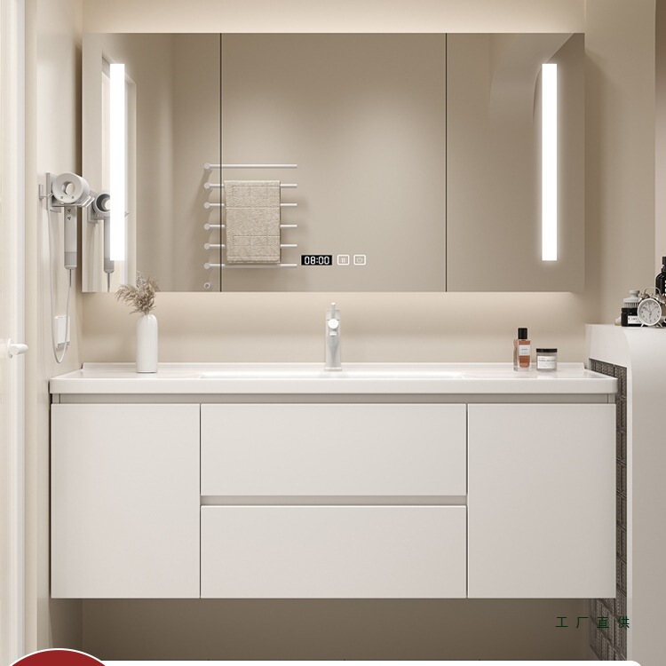 Cream Style Bathroom Cabinet Combination Ceramic One-Piece Solid Wood Modern Simple Bathroom Sink Washbasin Cabinet