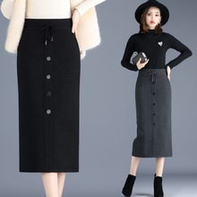 毛呢半身裙女秋冬新款中长款包臀裙高腰显瘦加厚毛呢裙一步裙