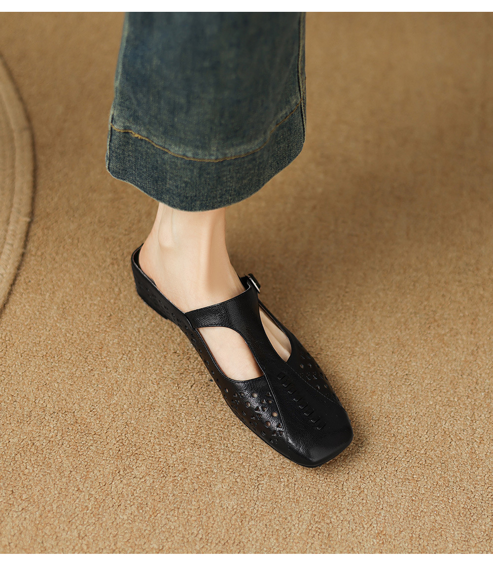 Dép sandal nữ xỏ ngón đế bệt quai chữ T đục lỗ mùa hè — đen chi tiết 1