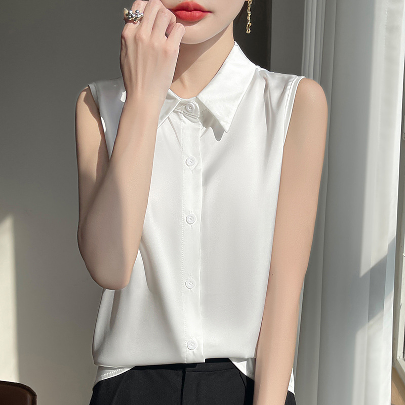 White Shirt Women's Sleeveless Shirt Collar Silk Satin Shirt Women's Inner Wear Spring and Summer Suit Base Led Vest Women