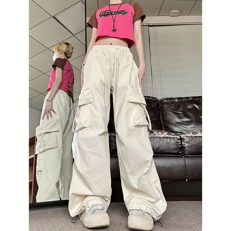 American Style Retro Hot Girl creamy-white Overalls Women's Loose Hip-hop Trousers Hip-hop Fashionable Hiphop Wide-leg Pants