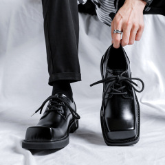 Men's Square Toe Shoes, Unique Design, Versatile Formal Shoes, Ins Thick Sole, Low Top, Korean Style Casual Leather Shoes 60151-R