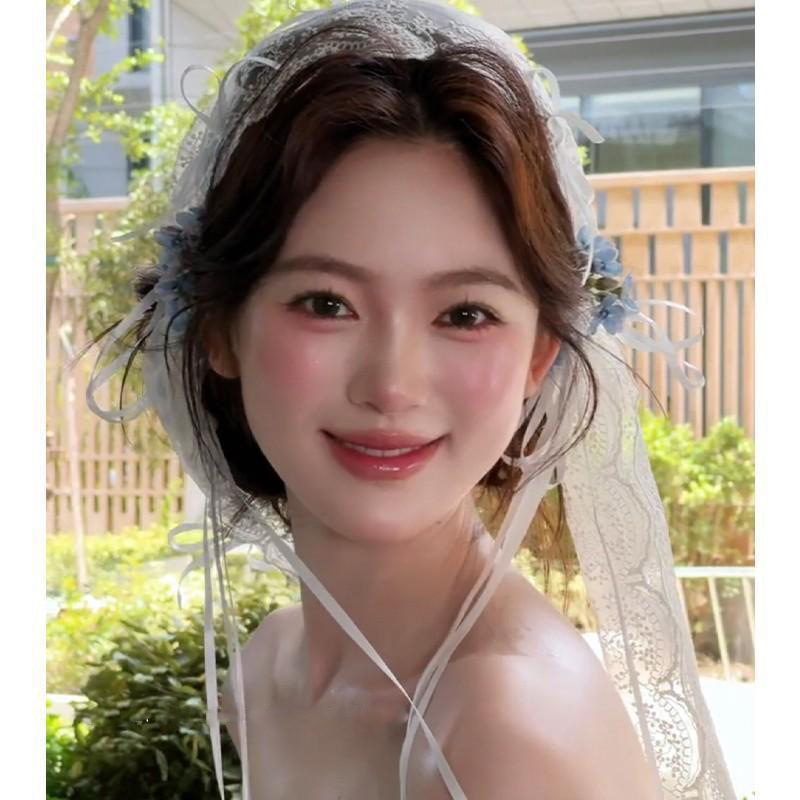 法式浪漫新娘蕾丝蝴蝶结长款发带韩式造型头饰森系写真旅拍头纱|undefined
