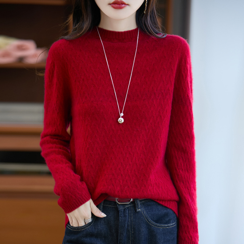 100纯羊毛打底衫女2025新款麦穗状内搭洋气大码女装秋冬针织毛衣|undefined