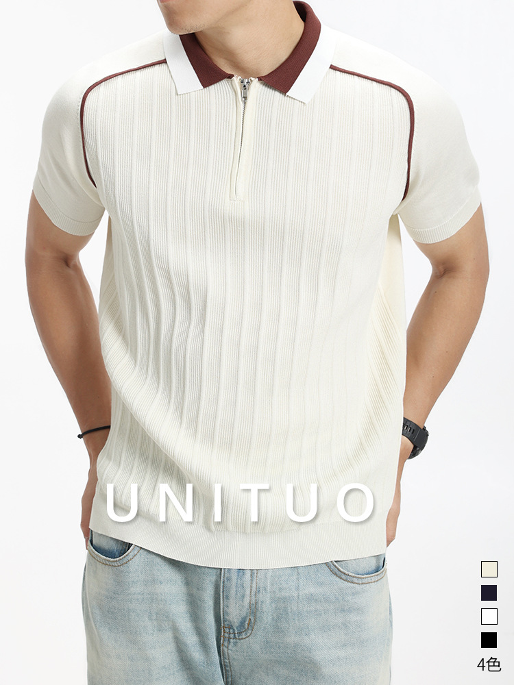 Hombres de alto nivel con la solapa de hielo camiseta de polo de punto hombre de negocios casual verano a rayas verticales camiseta de manga corta hombre