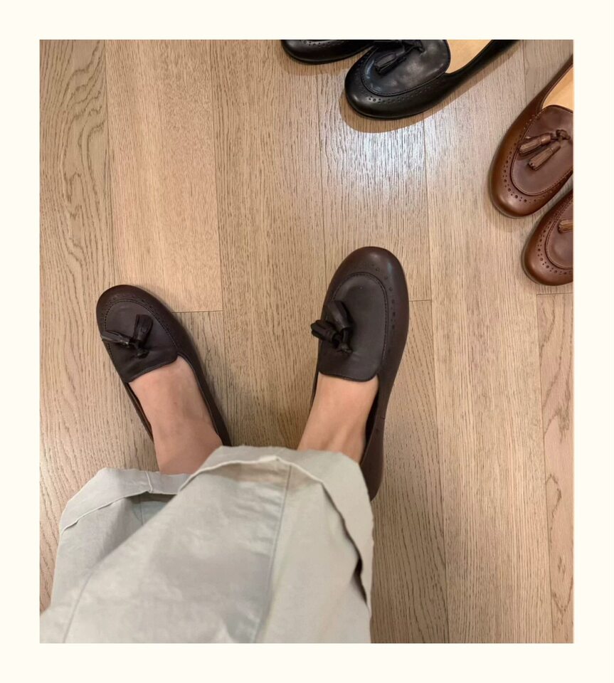 Giày lười nữ da bò mũi tròn tua rua cổ thấp đế bệt — Màu nâu, Màu nâu cà phê, màu đen chi tiết 2