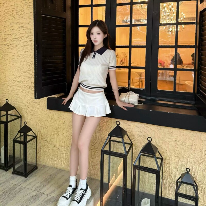 Ice Silk Color-Block Polo Collar Striped Knit Short-Sleeve Women's Summer Thin New Style Simple and Elegant Button-Up Top