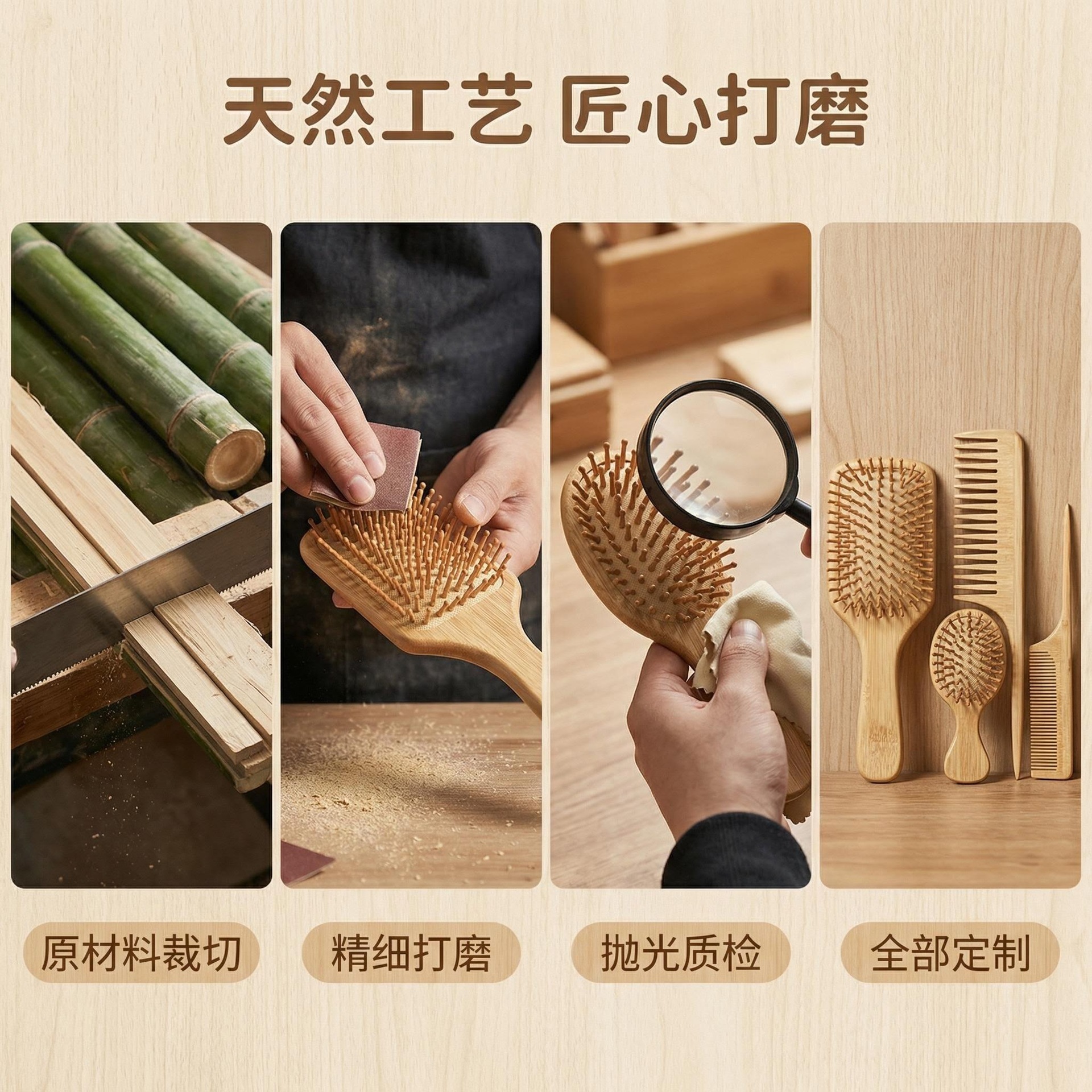 Natural Bamboo Air Cushion Hair Brush Set Wide Tooth Rat Tail Comb Anti Static Scalp Massage 20cm+ key features