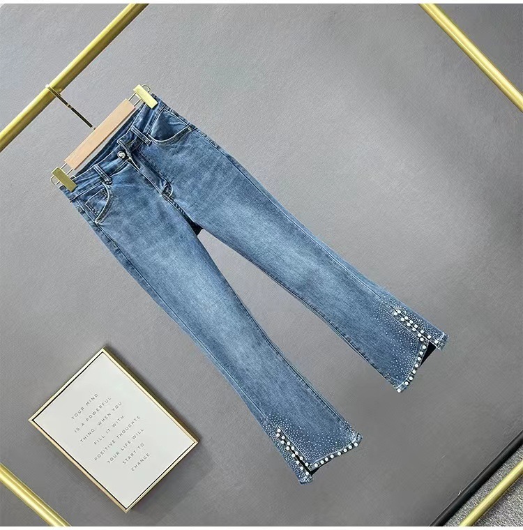 High-waisted Rhinestone Flared Jeans With Side Slits Denim Trousers_voghion.com