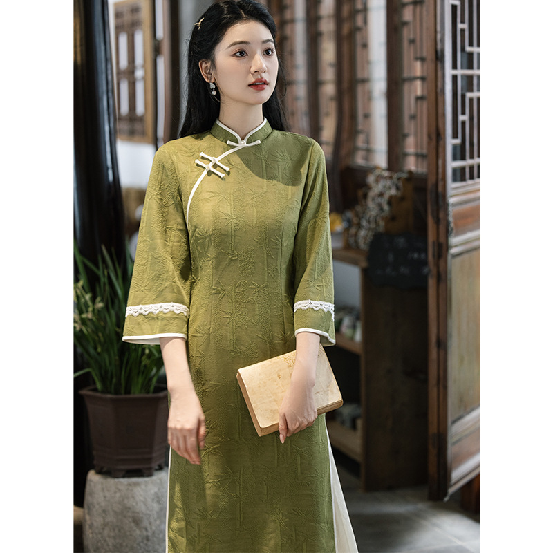 Red Eyes 2025 Spring and Autumn New Jacquard Ao Dai Cheongsam Dress Three-Quarter Sleeve Long Daily Improved Cheongsam Dress