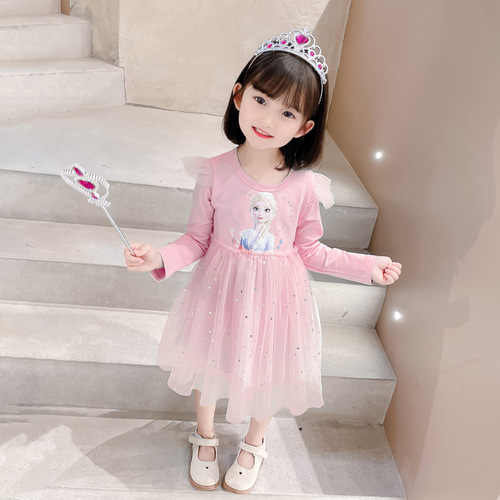 Girls Elsa Princess Dress Autumn 2024 New Baby Short Sleeve Dress Children's Fashionable Frozen Autumn Clothes