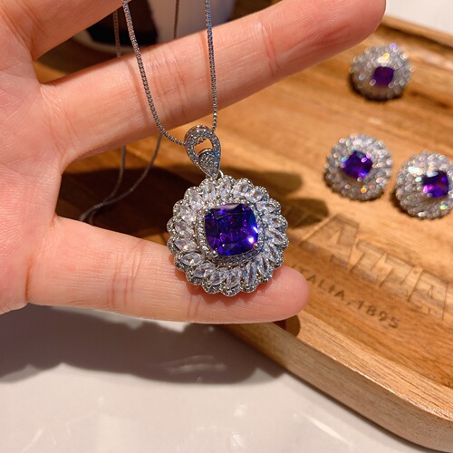 Zhuang Shengsheng Jewelry European and American Retro Imitation Dove Purple Blue Zircon Square Luxury Inlaid Pendant Earring Ring Jewelry Set 