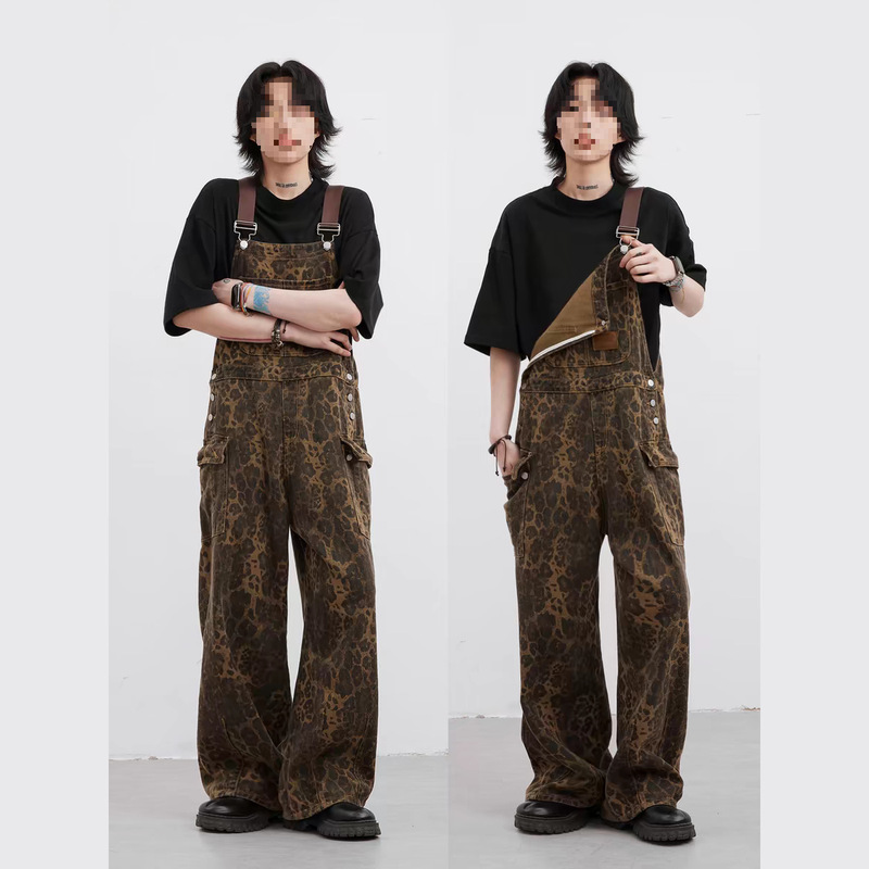 Layered Culture Leopard Print Backed Pants for Women Summer Small Tooling Design Sense Straight-leg Wide-leg Denim Pants for Men