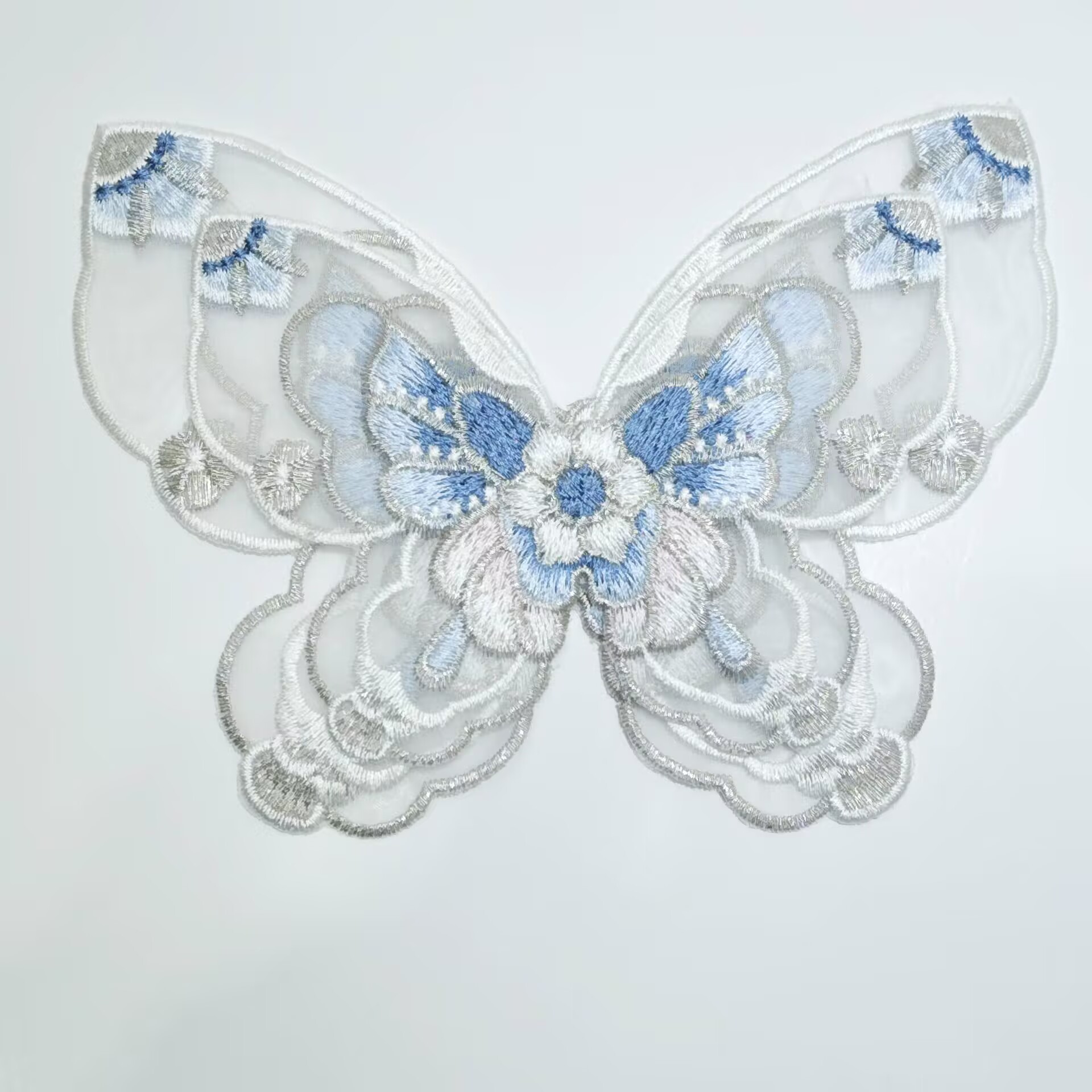 蓝色刺绣蝴蝶布贴 中国风配饰网纱刺绣 衣服鞋帽DIY