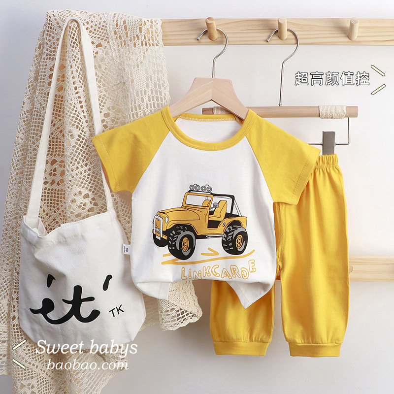 2026 New Cotton Short-Sleeve Summer Set with 5-Point Pants for Children, Half-Sleeve Mid-Length Pants, Baby T-Shirt Set, Thin Style