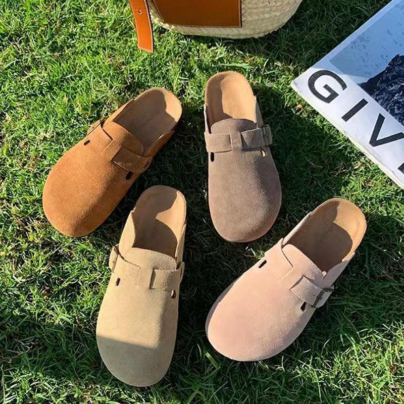 Semi pantuflas Baotou mujer 2025 otoño e invierno nuevo estilo piel de vaca retro Muller zapatos planos casuales de cuero feo y lindo Boken