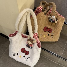 秋冬日系可爱刺绣毛绒绒单肩包轻便单肩购物袋羊羔毛通勤包背心包