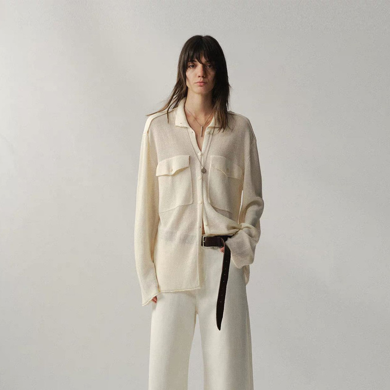 Liegee "Salon" Japanese Paper Yarn Stand-Collar Knit Cardigan Niche Designer Pocket Long-Sleeve Shirt