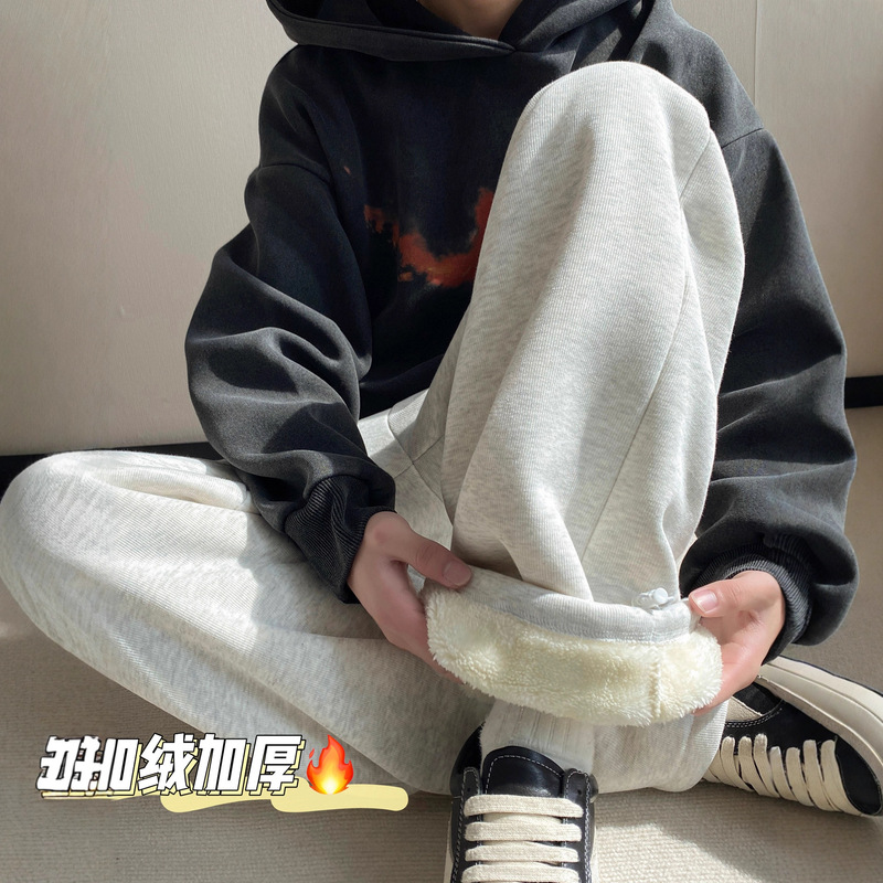 Men's Heavy Lamb Fleece Sweatpants Winter Fleece Thick Warm Pants Trendy American Style Youth Casual Long Pants