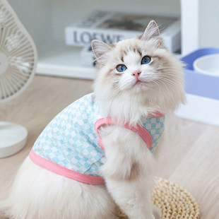 Spring and summer cat clothes checkerboard British short blue cat kitten two-legged clothes Teddy medium and small dog pet clothes